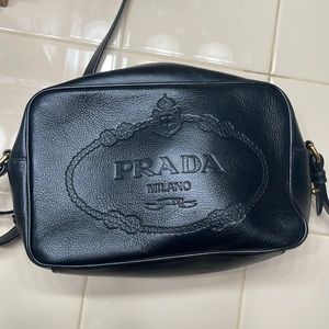 Prada crossbody Black Glace Leather Bandoliera Embossed Logo Camera Bag purse